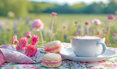 Fototapeta na wymiar spring coffee break with latte art and pink macarons on a vibrant floral tablecloth