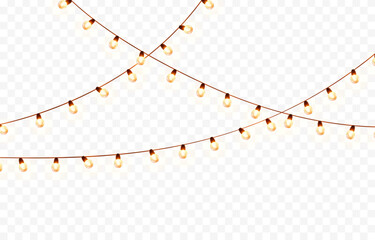 Lights bulbs isolated on transparent background. Glowing fairy Christmas garland strings. Vector New Year party led lamps decorations