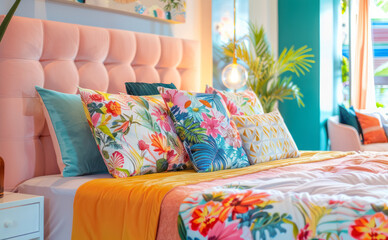 tropical themed bedroom with pastel pink headboard and bright floral bedding, summer vibe interior 