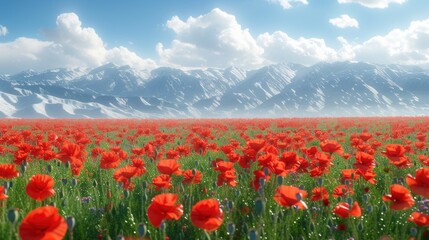 a field of red flowers in front of a mountain range with snow on the top of the mountains in the distance.