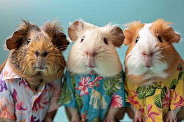 Group of three anthropomorphic guinea pigs with colorful hawaiian shirts isolated on light blue background
 - obrazy, fototapety, plakaty