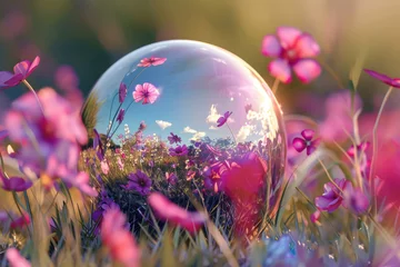 Fototapeten crystal ball reflecting sunset over vibrant wildflower meadow © Klay