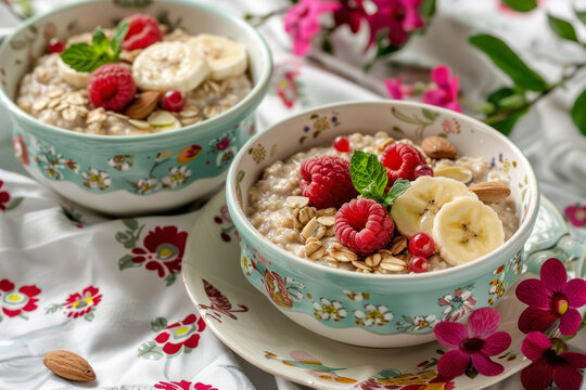 vibrant oatmeal breakfast in turquoise bowls with raspberries and banana on a floral tablecloth