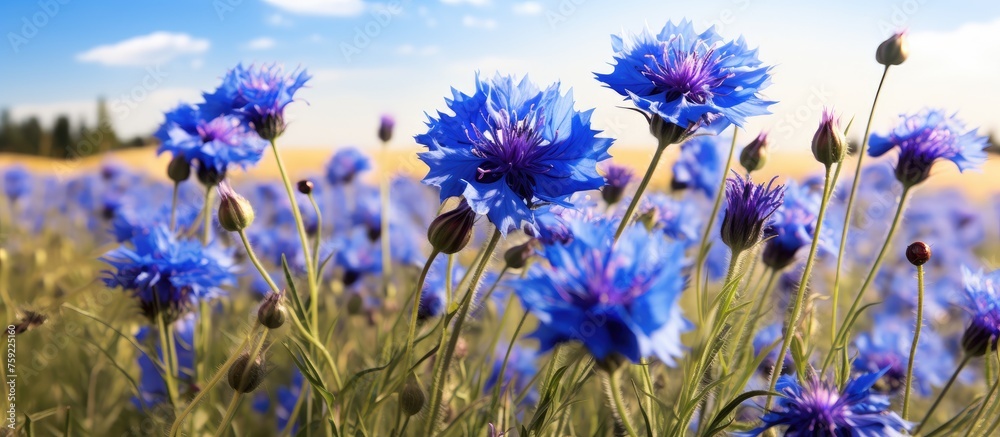 Poster A field of electric blue flowers with purple petals, set against a backdrop of a clear blue sky. The herbaceous plants create a stunning annual event