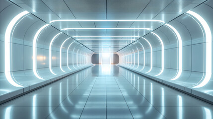 Futuristic, illuminated corridor with sleek design elements of space station. The blue lighting emanates from curved walls, casting serene yet technologically advanced ambiance, next-gen architecture