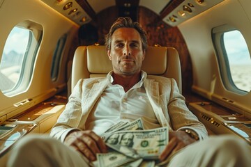 Business magnate's lavish journey: private jet interior overflowing with cash. - obrazy, fototapety, plakaty