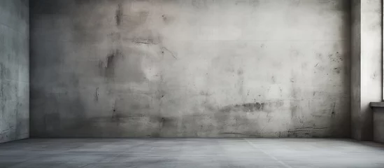 Stof per meter An empty room with grey concrete walls, a large window overlooking a natural landscape with dark tints and shades. The flooring is wood, creating a monochrome photography feel © 2rogan