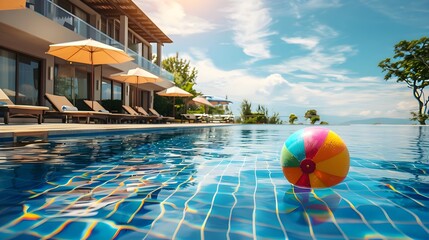 Colorful inflatable ball floating in swimming pool, summer vacation concept. - obrazy, fototapety, plakaty