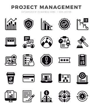 Collection of Project Management 25 Lineal Filled Icons Pack.