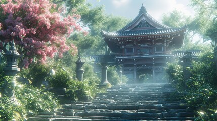 a set of stone steps leading up to a pagoda in the middle of a forest with pink flowers in the foreground.