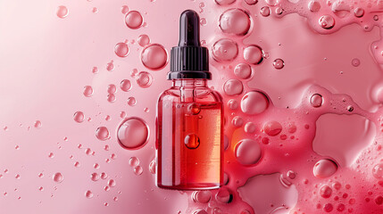 Obraz na płótnie Canvas Glass dropper bottle with red serum or essential oil on a vibrant pink background with water droplets. Cosmetics concept.