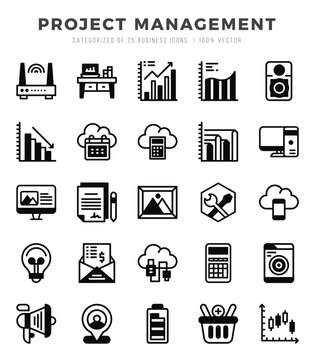Project Management Lineal Filled icons collection. 25 icon set. Vector illustration.