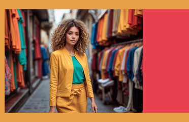 Portrait of a beautiful young woman with curly hair in a yellow dress in a shopping center