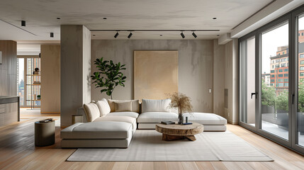 Modern living room interior with comfortable sofa, wooden coffee table, and large windows with city view.