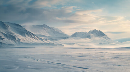Serene arctic landscape with snow-covered mountains and mist, conveying a tranquil and cold environment. - obrazy, fototapety, plakaty
