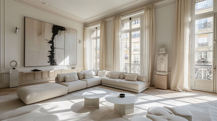 Fototapeta na wymiar Bright modern living room with large windows, white sofa, and minimalist decor.