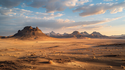 Golden sunset over a serene desert landscape with majestic mountains in the background. - obrazy, fototapety, plakaty
