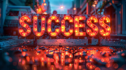 Neon sign with the word "SUCCESS" in capital letters, glowing in red with an arrow, against a blurred urban background.