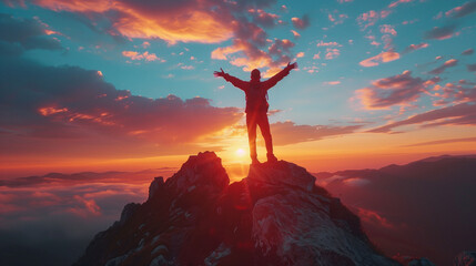Silhouette of a triumphant hiker on a mountain peak at sunset with vibrant orange clouds and misty...