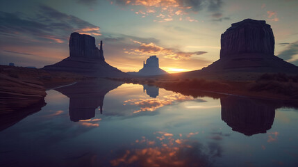 Serene sunset at Monument Valley with iconic buttes reflected in water, creating a symmetrical natural landscape. - obrazy, fototapety, plakaty