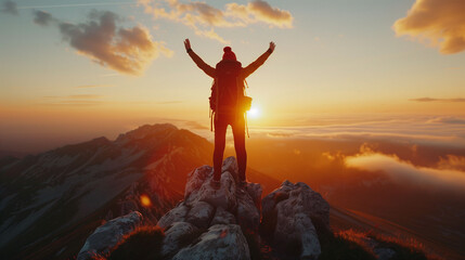 Person standing on mountain peak with arms raised during sunset, symbolizing achievement and freedom. - obrazy, fototapety, plakaty