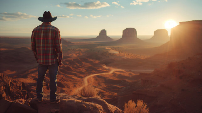 Cowboy looking at sunset over Monument Valley, tranquil desert scene.