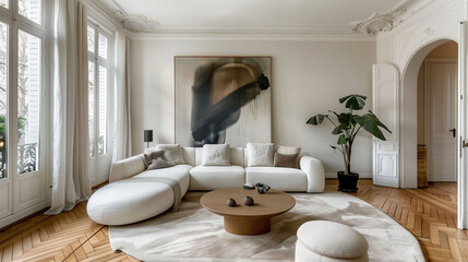 Fototapeta na wymiar Elegant living room with modern white sofa, wooden floor, and large abstract painting.