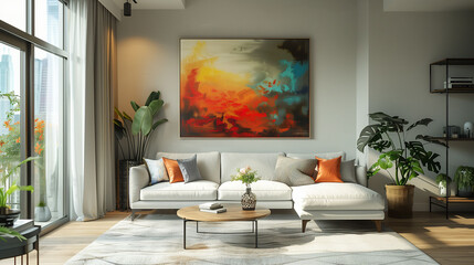 Fototapeta na wymiar Modern living room with large sectional sofa, hardwood floors, and abstract art. Bright, spacious interior design.