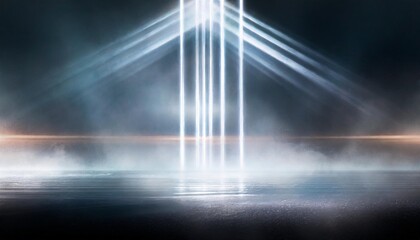 futuristic empty night scene empty street scene background with abstract spotlights light night view of street light reflected on water rays through the fog smoke fog wet asphalt with reflection
