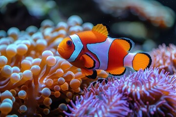 Naklejka na ściany i meble Vibrant Rainbow-Colored Clownfish Playfully Swimming Amongst Lush and Dazzling Coral Reefs