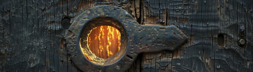 A keyhole that peeps into the past, revealing historical events in an ancient door.