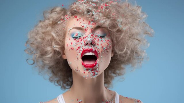 pretty female faces with colourful sweets and candy as makeup made with generative AI