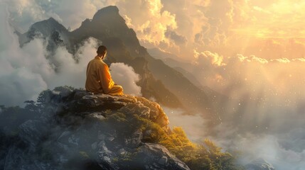 monk meditating on the top of a mountain generative ai - obrazy, fototapety, plakaty