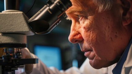 An over-the-shoulder shot of a scientist looking through a microscope, with the focused expression reflected in the eyepiece, highlighting the discovery process