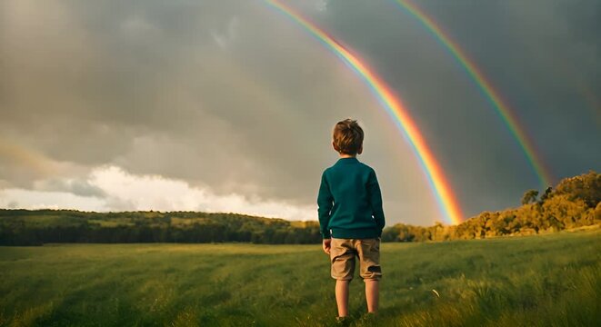 Child looking at a rainbow.