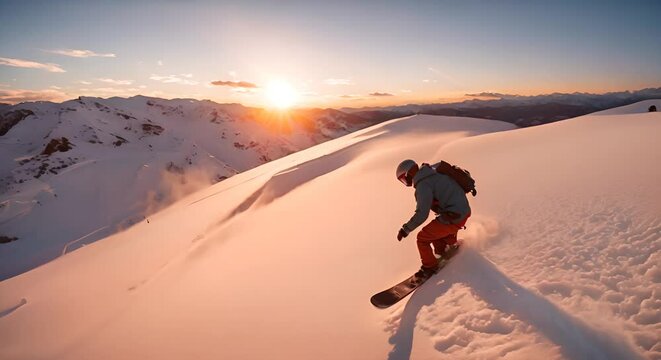 Man snowboarding at sunset.