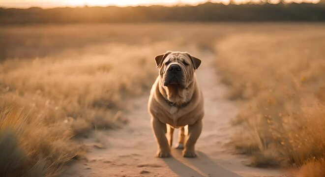 Shar pei dog on the beach.