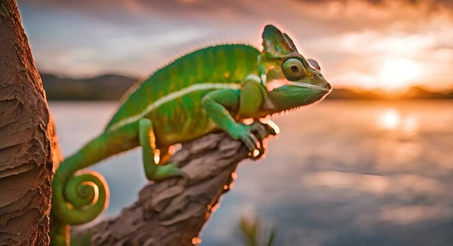 Green chameleon in the forest.