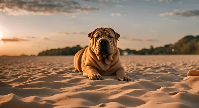 Shar pei dog on the beach.