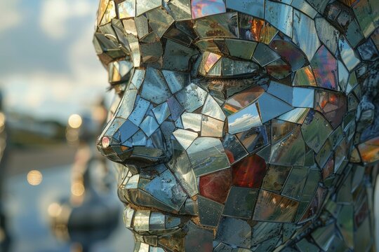 An artistic photo captures a person with a mirror mosaic head, reflecting fragmented realities.