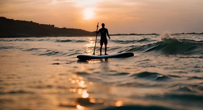 Man doing paddle surfing at sunset.