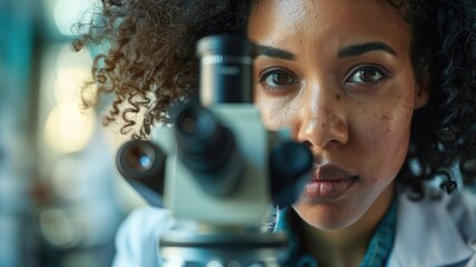 An over-the-shoulder shot of a scientist looking through a microscope, with the focused expression reflected in the eyepiece, highlighting the discovery process - obrazy, fototapety, plakaty