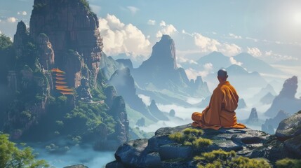 monk meditating on the top of a mountain generative ai