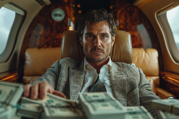 Affluent entrepreneur travels in luxury jet filled with stacks of hundred dollar bills.