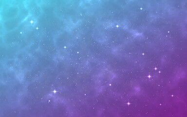 Cosmos background. Milky way texture. Outer space wallpaper. Blue glowing nebula. Cosmic backdrop with shining stars. Bright starry galaxy. Vector illustration