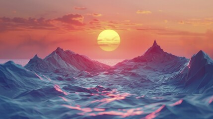 Mountains fold like paper, forming an origami landscape beneath the setting sun.