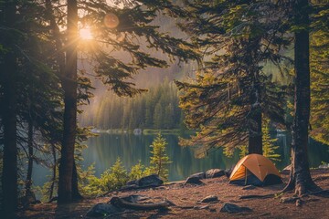 Camping and tent under the pine forest near the lake with beautiful sunlight in the morning.
