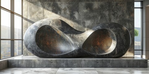 Surreal abstract sculpture in minimalist office setting, gray textured wall backdrop