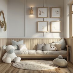 Frame mockup, Child's Room Mockup with Stuffed Animals and Pillows, high-resolution (300 DPI)