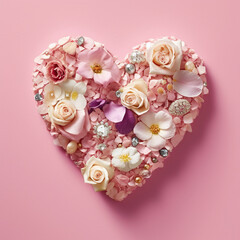 A heart shaped arrangement of flowers and jewels on a pink background.